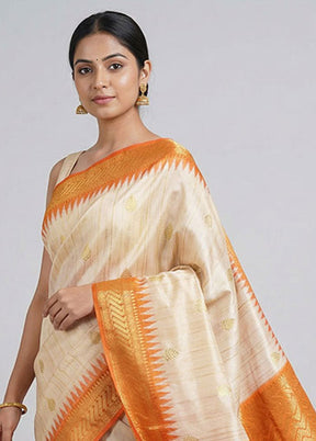 Cream Tussar Silk Saree With Blouse Piece