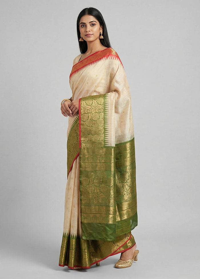 Cream Tussar Silk Saree With Blouse Piece