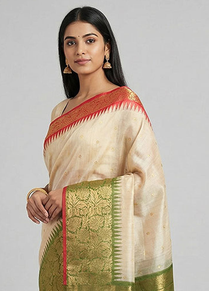 Cream Tussar Silk Saree With Blouse Piece