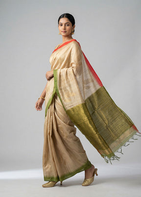 Cream Tussar Silk Saree With Blouse Piece