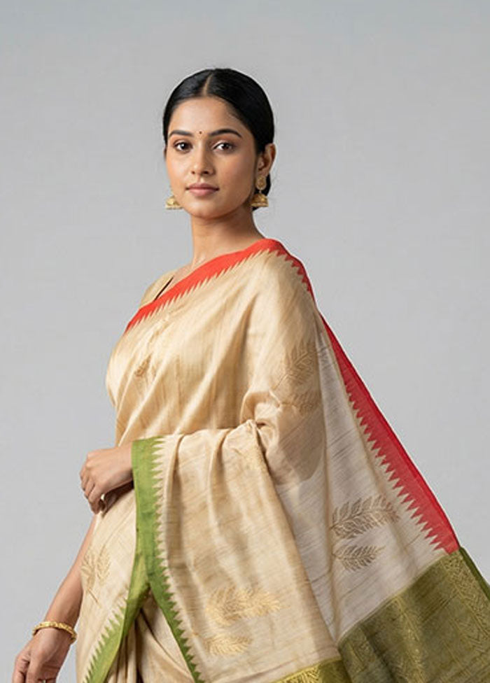 Cream Tussar Silk Saree With Blouse Piece