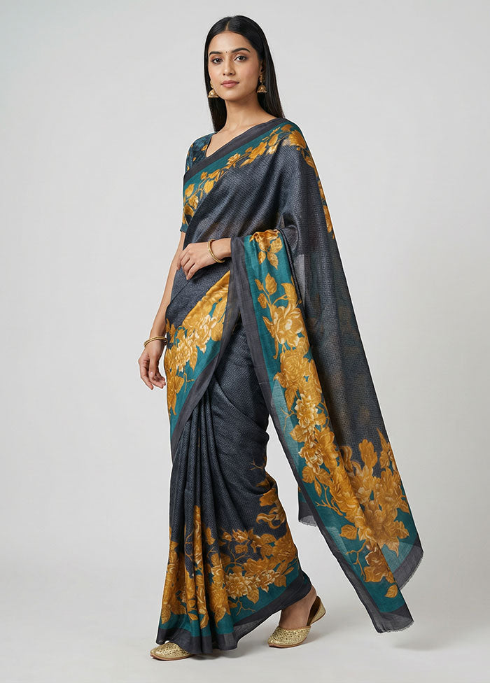 Grey Printed Silk Saree Without Blouse Piece