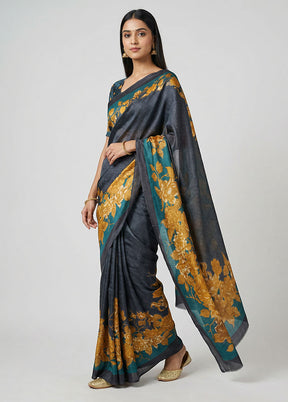 Grey Printed Silk Saree Without Blouse Piece