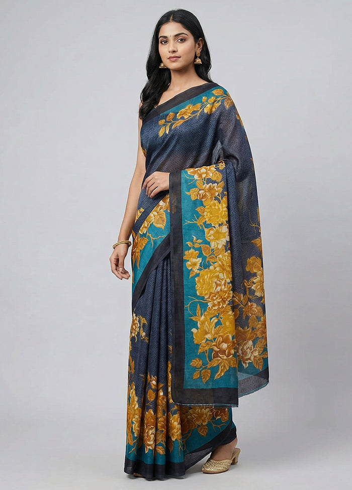 Black Printed Silk Saree Without Blouse Piece