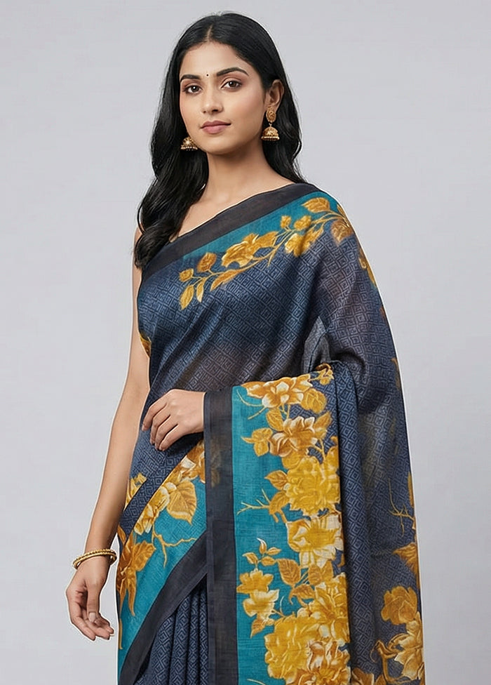 Black Printed Silk Saree Without Blouse Piece