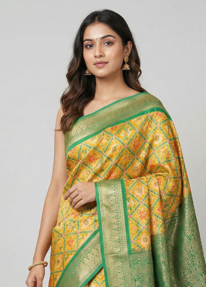 Yellow Printed Silk Saree Without Blouse Piece