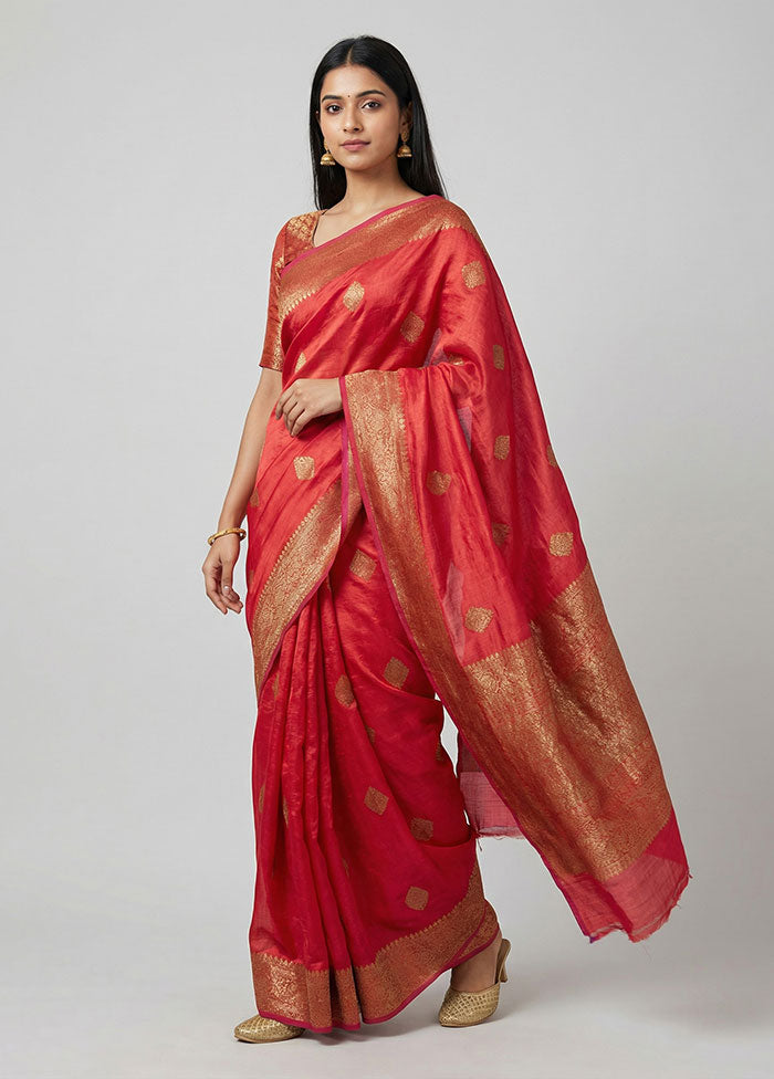 Red Handloom Tussar Pure Silk Saree With Blouse Piece