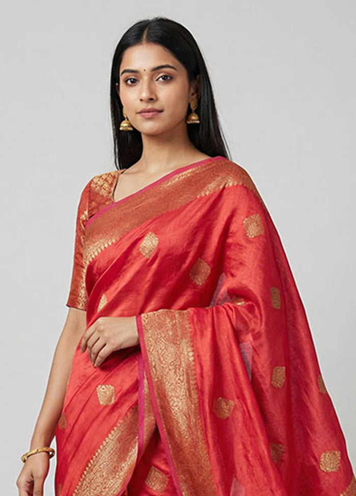 Red Handloom Tussar Pure Silk Saree With Blouse Piece