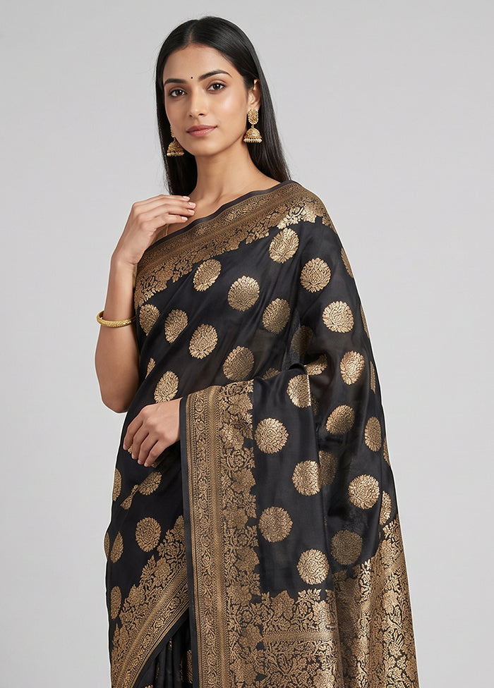 Black Handloom Pure Georgette Saree With Blouse Piece