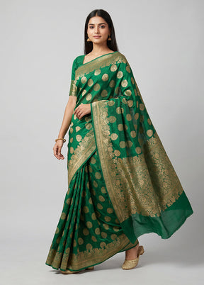 Green Handloom Pure Georgette Saree With Blouse Piece