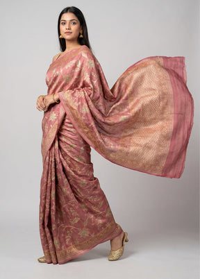 Pink Handloom Tussar Pure Silk Saree With Blouse Piece