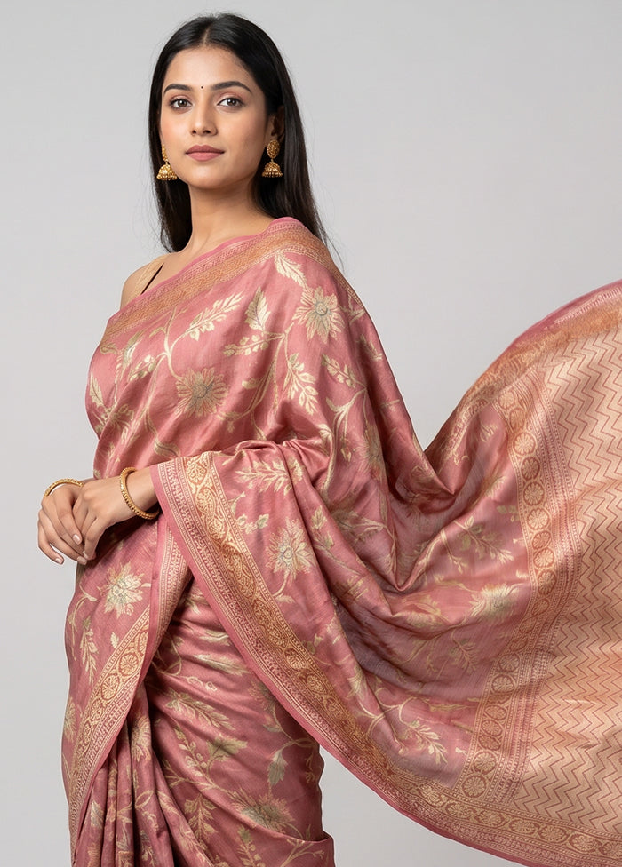 Pink Handloom Tussar Pure Silk Saree With Blouse Piece