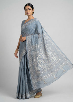 Grey Handloom Kantha Stitch Pure Silk Saree With Blouse Piece