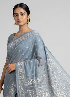 Grey Handloom Kantha Stitch Pure Silk Saree With Blouse Piece