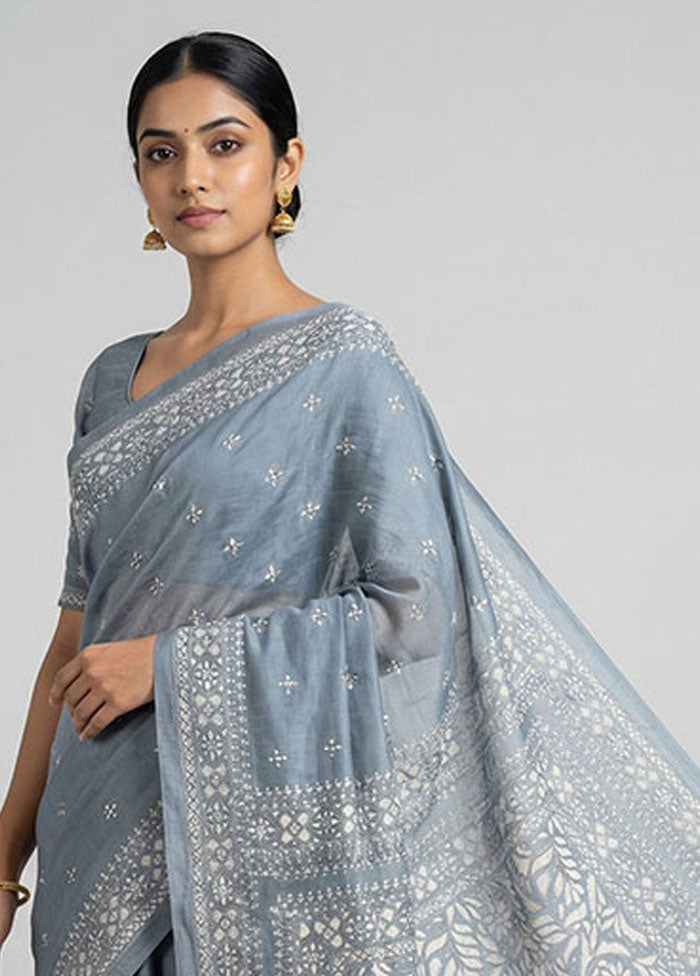 Grey Handloom Kantha Stitch Pure Silk Saree With Blouse Piece