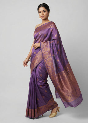 Purple Handloom Tussar Pure Silk Saree With Blouse Piece