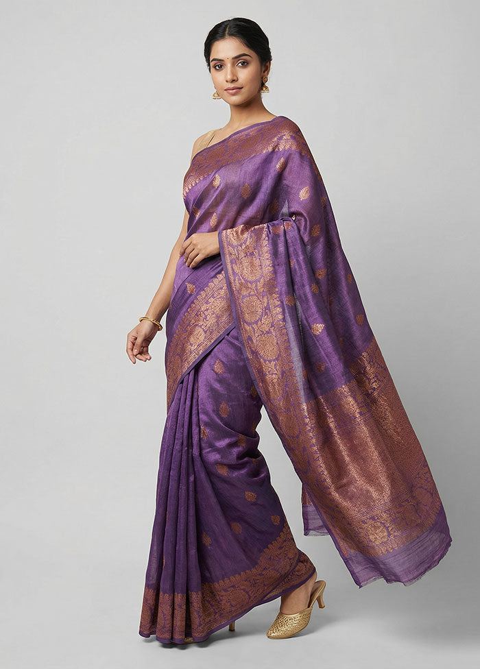 Purple Handloom Tussar Pure Silk Saree With Blouse Piece