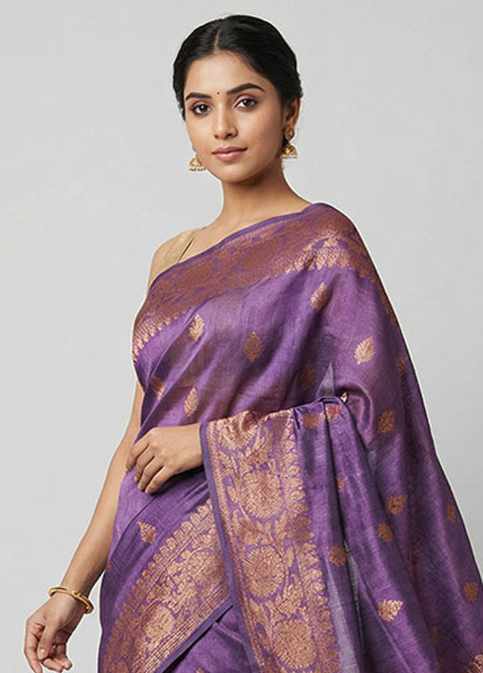 Purple Handloom Tussar Pure Silk Saree With Blouse Piece