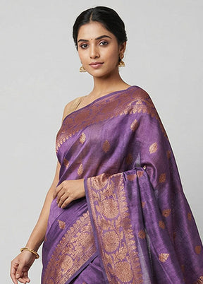 Purple Handloom Tussar Pure Silk Saree With Blouse Piece