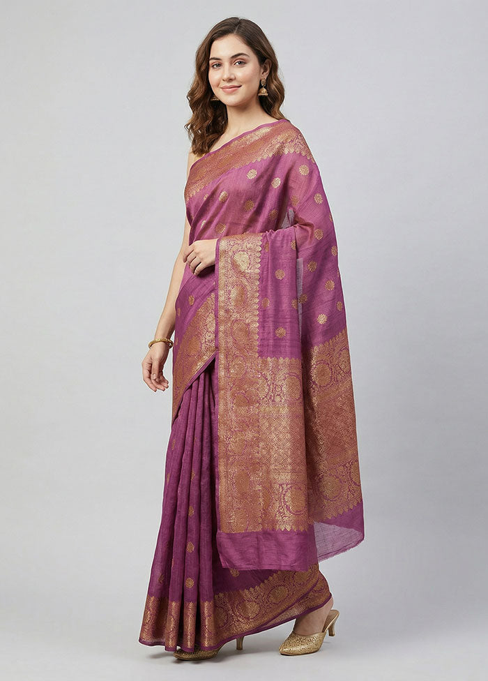 Purple Handloom Tussar Pure Silk Saree With Blouse Piece