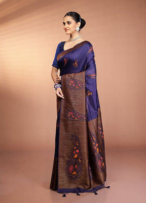 Blue Dupion Silk Saree With Blouse Piece