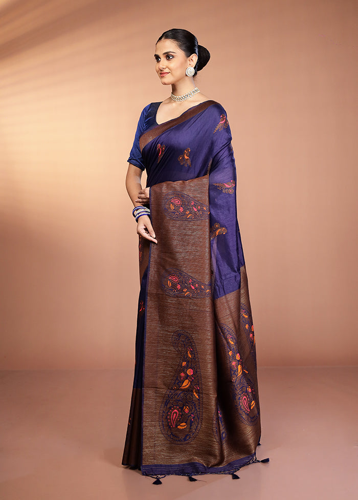 Blue Dupion Silk Saree With Blouse Piece