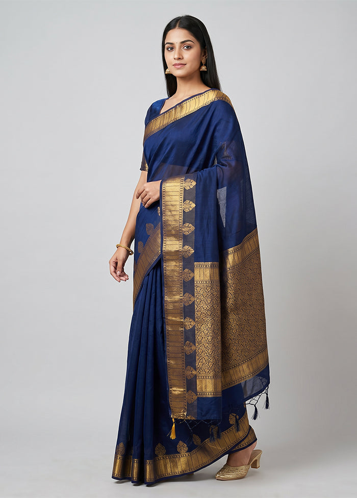 Blue Dupion Silk Saree With Blouse Piece