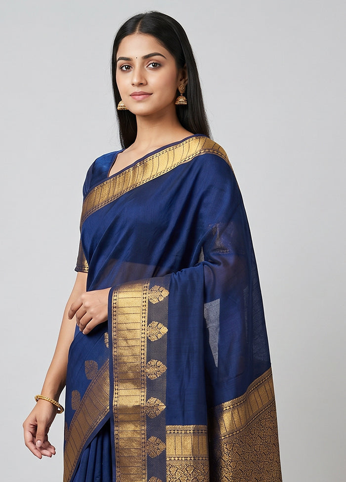 Blue Dupion Silk Saree With Blouse Piece