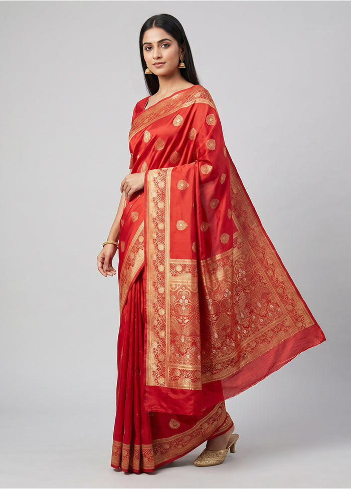 Red Dupion Silk Saree With Blouse Piece