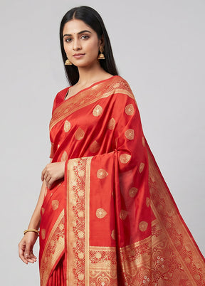 Red Dupion Silk Saree With Blouse Piece