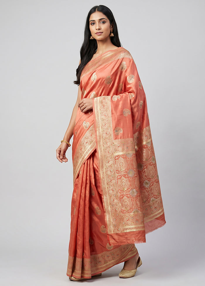 Peach Dupion Silk Saree With Blouse Piece
