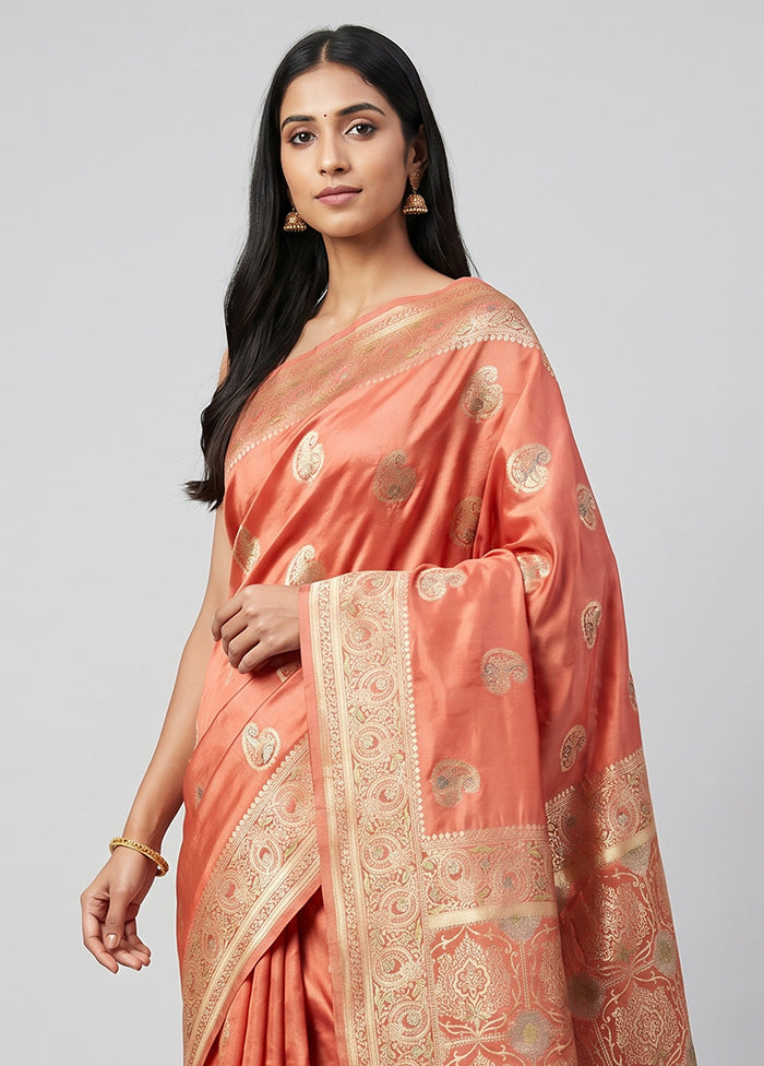 Peach Dupion Silk Saree With Blouse Piece