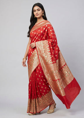 Red Handloom Banarasi Pure Silk Saree With Blouse Piece