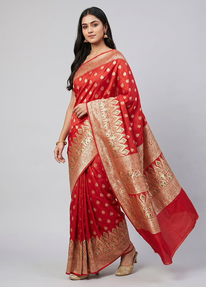 Red Handloom Banarasi Pure Silk Saree With Blouse Piece