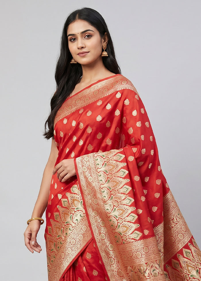 Red Handloom Banarasi Pure Silk Saree With Blouse Piece