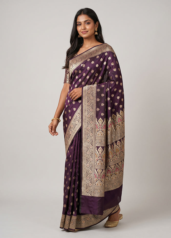 Purple Handloom Banarasi Pure Silk Saree With Blouse Piece