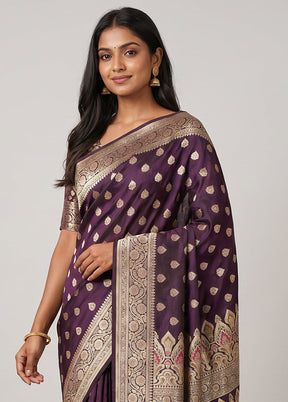 Purple Handloom Banarasi Pure Silk Saree With Blouse Piece