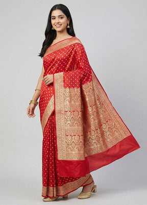 Red Handloom Banarasi Pure Silk Saree With Blouse Piece