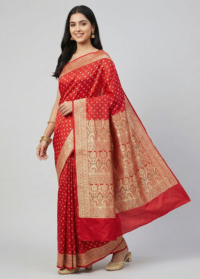 Red Handloom Banarasi Pure Silk Saree With Blouse Piece