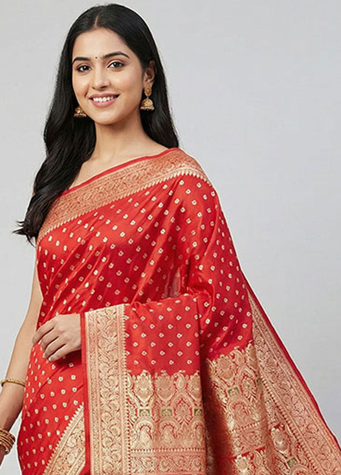 Red Handloom Banarasi Pure Silk Saree With Blouse Piece