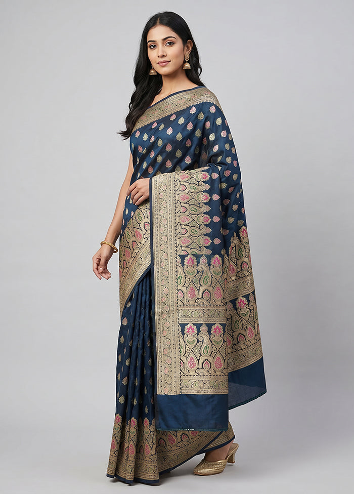Blue Handloom Banarasi Pure Silk Saree With Blouse Piece