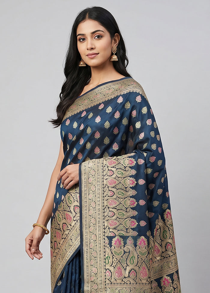 Blue Handloom Banarasi Pure Silk Saree With Blouse Piece