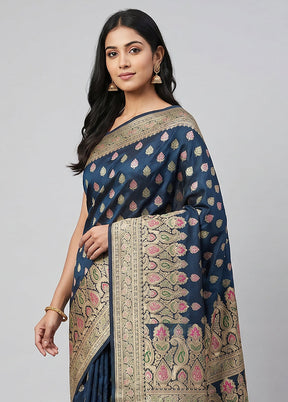 Blue Handloom Banarasi Pure Silk Saree With Blouse Piece