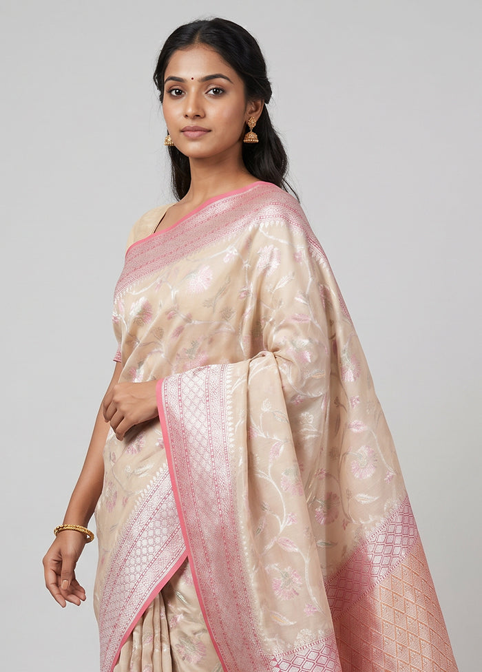 Cream Handloom Pure Georgette Saree With Blouse Piece