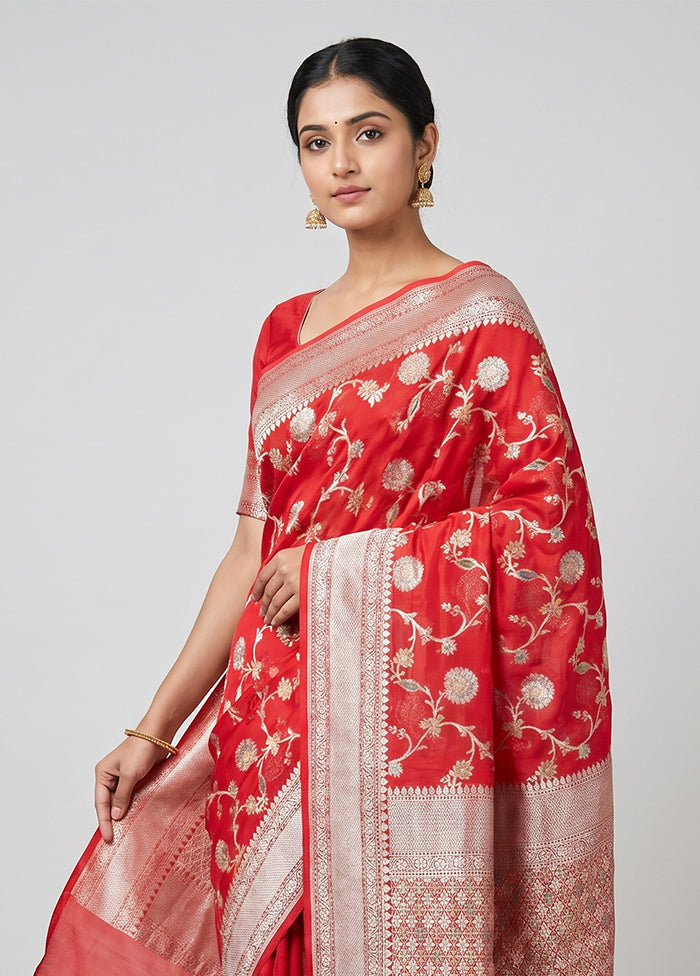 Red Handloom Pure Georgette Saree With Blouse Piece