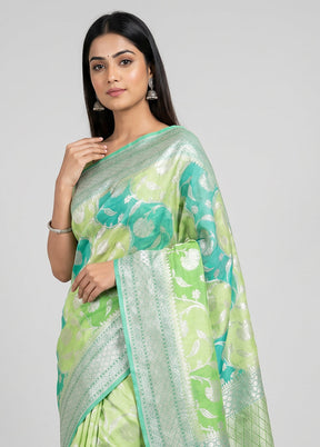 Green Handloom Pure Georgette Saree With Blouse Piece