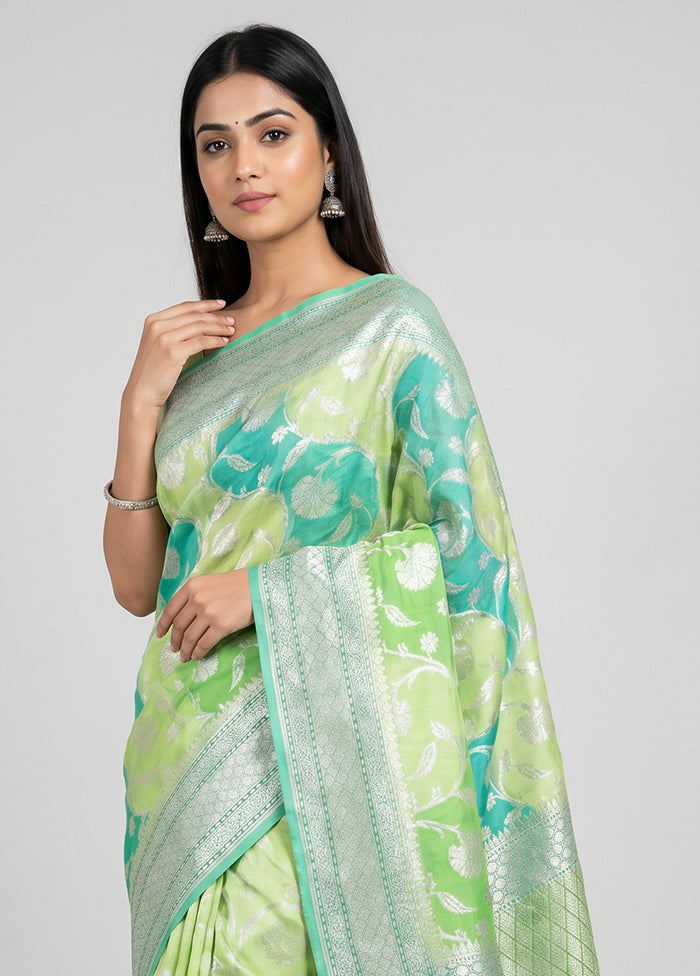 Green Handloom Pure Georgette Saree With Blouse Piece