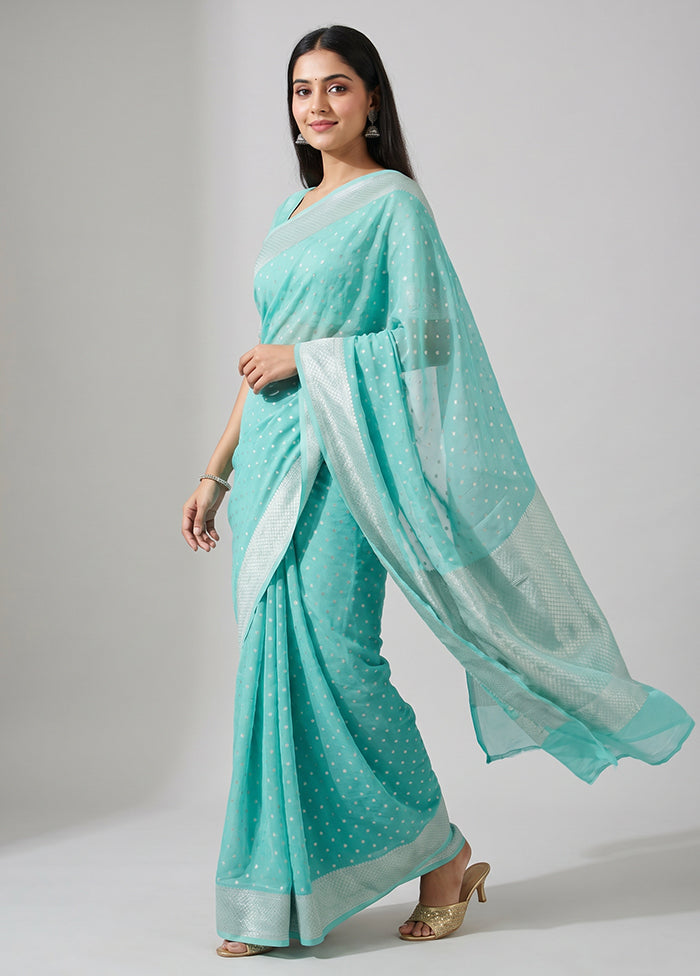 Green Handloom Pure Georgette Saree With Blouse Piece