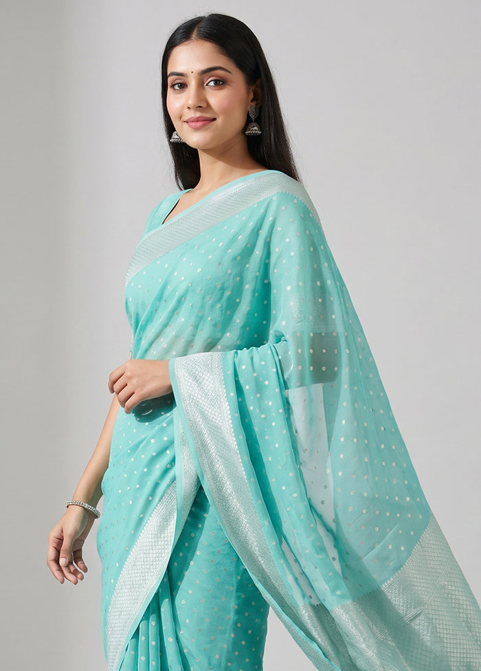 Green Handloom Pure Georgette Saree With Blouse Piece
