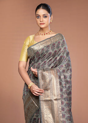 Grey Tussar Silk Saree With Blouse Piece